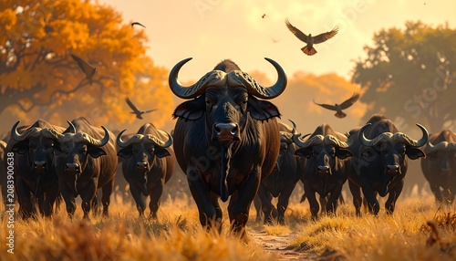 A herd of large, black bovines, with impressive horns, charges toward the viewer through a grassy field. Flocks of birds fly overhead