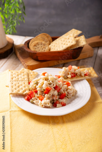 Fotografie Macaroni Tuna salad with elbow pasta and canned tuna, served with saltine crackers