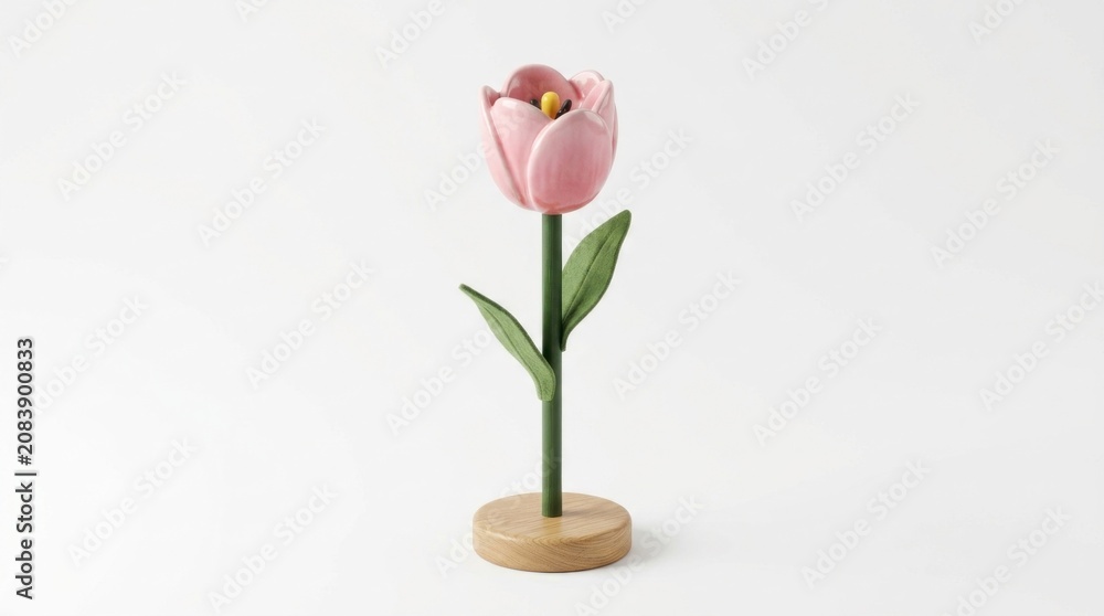 Fototapeta premium A pink tulip with green leaves and a wooden base, placed on a white background with a wooden stand.