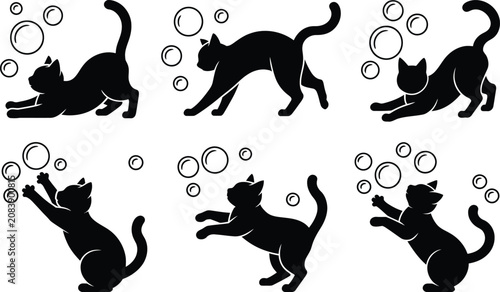 Set of black cat silhouettes in various playful poses with bubbles, silhouettes