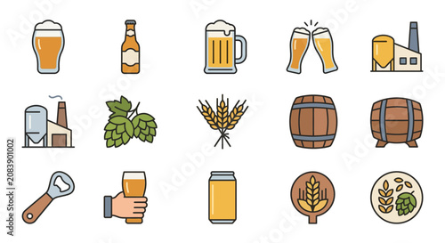 Craft Beer Icons Set with Brewing Elements and Glassware