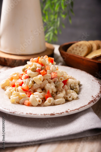 Konstfotografi Macaroni Tuna salad with elbow pasta and canned tuna, served with saltine crackers
