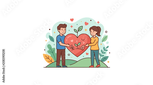Photography Couple Caring for Growing Heart Plant, Love and Nature Concept