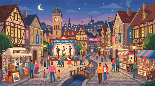 Tableau sur toile Charming European Village Night Market with Live Music and Half Timbered Houses