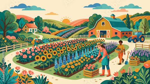 Foto Colorful illustration of farmers working in a vibrant flower garden with a barn and sunset background