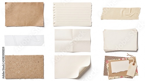 Set of various blank paper sheets and torn card scraps