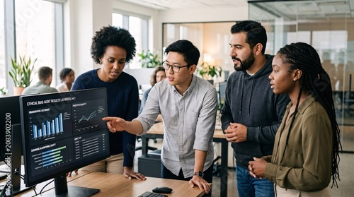 A diverse team of business professionals collaborates, analyzing data on a computer screen, fostering an environment of innovation and strategic planning.