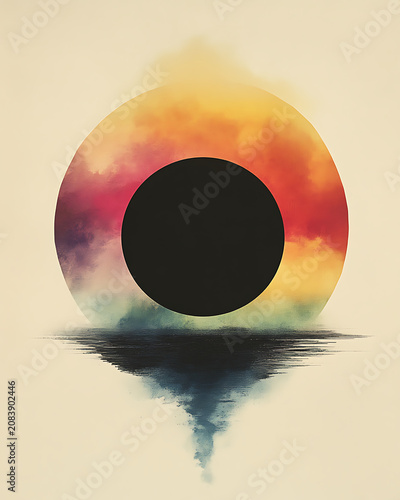 Sun and Moon Eclipse in Space with Solar Glow, Cosmic Circle of Light Between Sun and Moon, Astronomy Illustration of Universe with Stars, Planets and Dark Sky