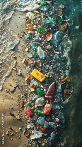 Aerial View Of Plastic Waste And Trash On Beach Shoreline With Ocean Waves