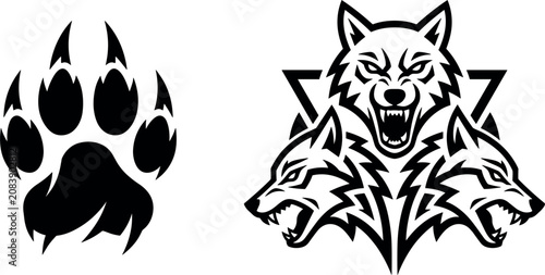 Schilderij op canvas Black Tribal Wolf Pack and Paw Print Vector Logo Set with Three Headed Fierce Wo