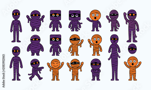 Halloween mummy characters collection orange and purple cartoon vector illustration