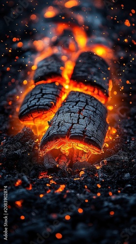 Glowing Red Hot Charcoal Embers Burning Bright In Dark Background