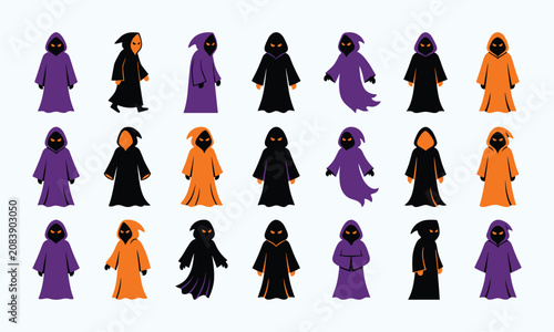 Halloween hooded figures in black purple and orange robes