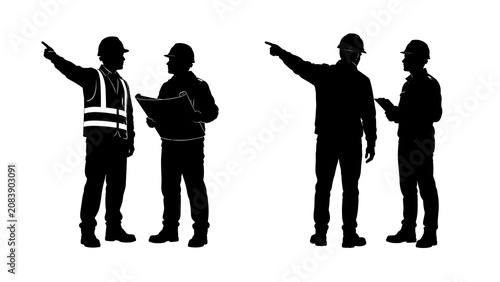 Construction Team Consultation: Silhouettes of construction workers in hard hats and safety vests consult on blueprints and plans, gesturing and discussing project details in a collaborative effort.