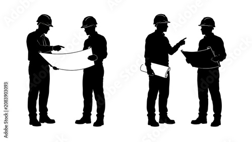 Construction Crew Consultation: Two construction workers, depicted as silhouettes in hard hats, confer over blueprints, illustrating collaboration and planning in the building industry.