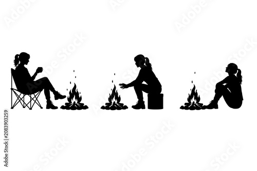 Campfire Companions: Silhouettes of three women enjoying the warmth and ambiance of a campfire in a serene outdoor setting, evoking a sense of peace and connection