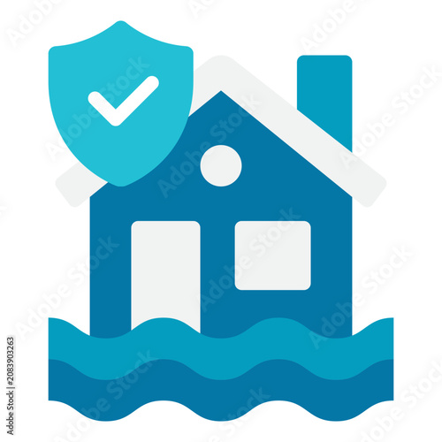 Flat illustration of a house with water and a shield symbolizing flood insurance protection.