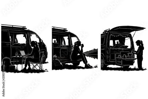 Van Life Adventures: A triptych illustrating a woman's van life journey - working on a laptop, enjoying a quiet moment by the water, and preparing food from her camper.