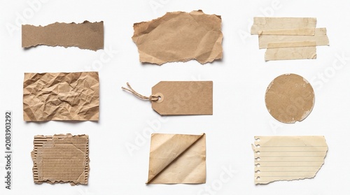 Set of various torn cardboard paper scraps and labels