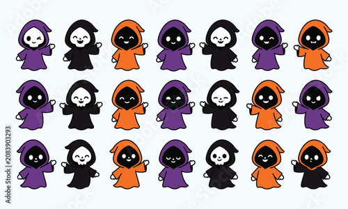 Cute halloween grim reaper characters kawaii ghostly figures for festive designs