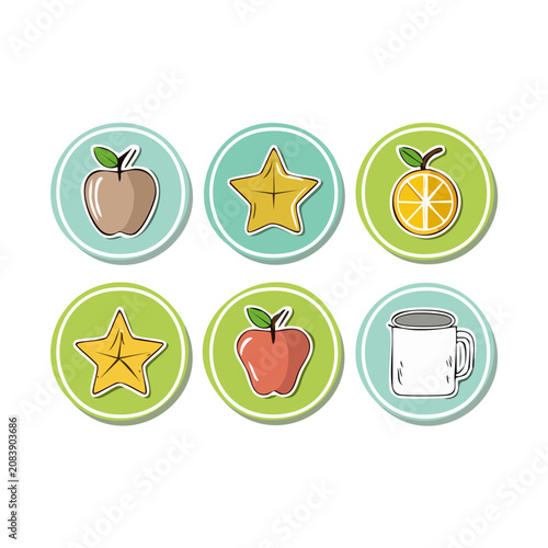 Set of six cartoon icons with food and drink