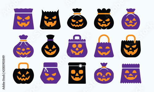 Halloween trick or treat bag and bucket icons with pumpkin faces