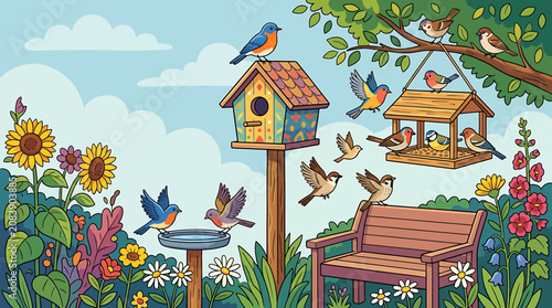 Bild auf Leinwand Colorful garden illustration with various birds birdhouse feeder and wooden bench in summer