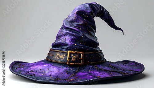 Detailed witch hat with purple fabric and gold stars, spooky Halloween accessory with textured brim and buckle, magical fantasy costume element