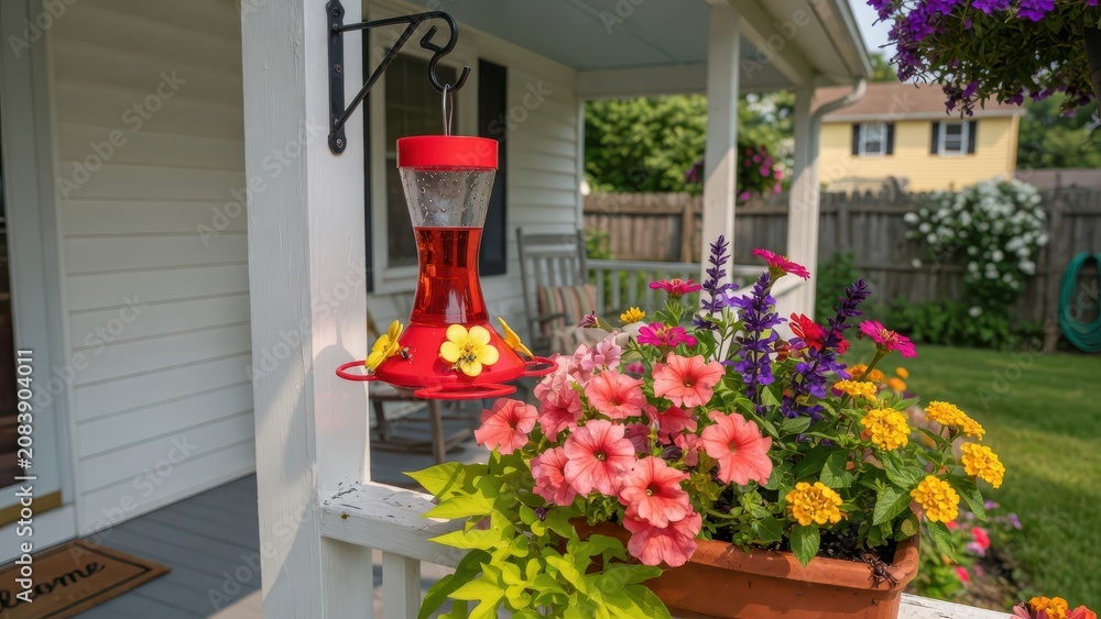 Fototapeta premium A red plastic feeder containing sugar water hangs from a porch pillar next to a container overflowing with blooming petunias and salvia perennials in a residential yard throughout the summer seas