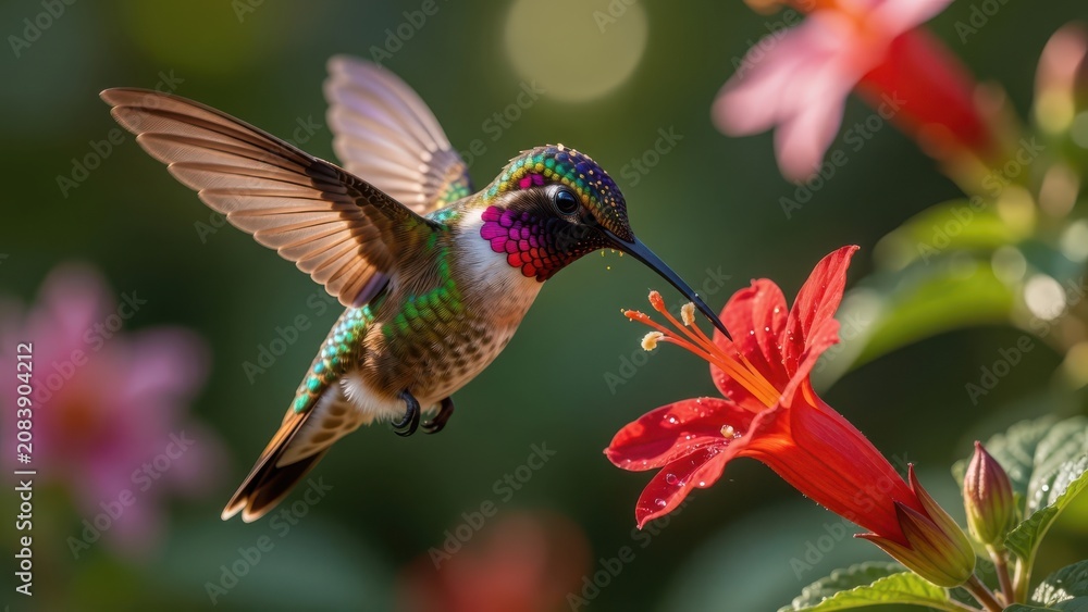 Fototapeta premium A male calliope hummingbird with glowing iridescent plumage hovers gracefully to taste nectar from a vivid crimson flower petal while glowing sunlight illuminates the wings in a lush green garden