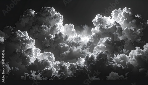 Dramatic monochrome clouds backlit by bright sunbeams, illuminating textures and creating atmospheric depth, ideal for sky themes and weather concepts