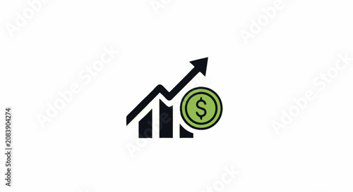Business growth icon with rising bar chart arrow and green dollar coin symbol representing financial success.