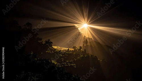 Dramatic sunbeams pierce through misty forest canopy at sunrise, creating a mystical, awe-inspiring natural landscape, golden hour glow illuminating foliage