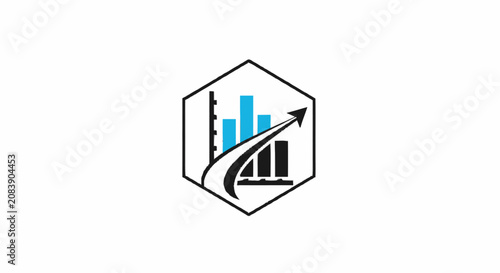 Business growth logo icon with financial bar chart and upward arrow inside hexagon frame.
