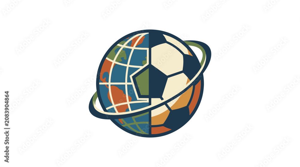 Fototapeta premium Soccer ball planet with orbital ring and globe pattern.
