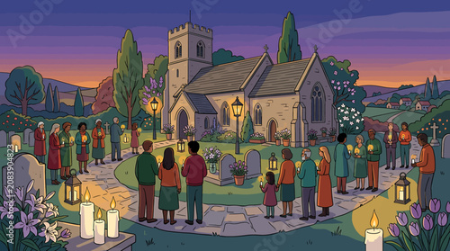 Fotografie Community gathering for a candlelit evening vigil outside a historic stone church at sunset
