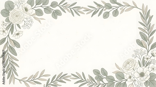 A beautiful horizontal floral border featuring elegant hand-drawn roses and eucalyptus greenery, perfect for wedding invitations, cards, and elegant stationery designs.