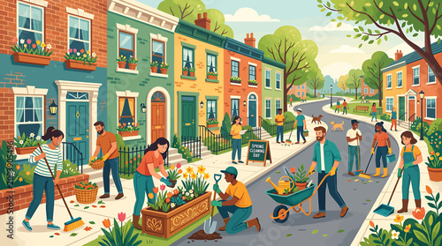 Konstfotografi Diverse community neighbors working together on a colorful suburban street gardening and cleaning