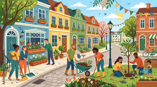 Konstfotografi Diverse community volunteers gardening and cleaning a colorful urban street together in spring