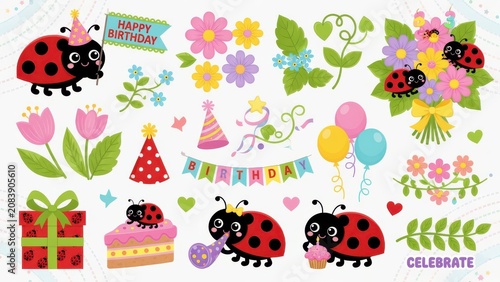 A festive collection featuring cute ladybugs enjoying a happy birthday party with colorful flowers, bright balloons, wrapped presents and party hats to create cheerful graphic party decorations