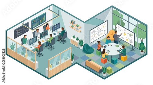 Foto Modern Isometric Office Workspace with Collaborative Meeting and Tech Areas