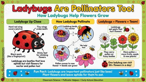 Educational infographic poster explaining how ladybugs function as vital pollinators for various garden flowers while maintaining the ecosystem by consuming pests that damage growing botanical li