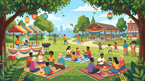 Foto Diverse community gathering for a summer picnic and outdoor festival in a vibrant city park