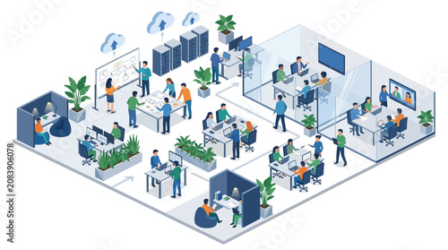 Isometric modern office workspace with diverse teams and technology