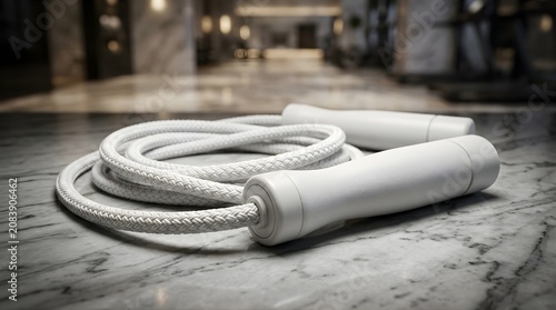 white jump rope lying on marble surface for fitness training workout, exercise equipment, active lifestyle, gym accessories