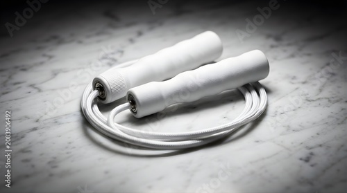 White jump rope with textured handles resting on a marble surface ideal for fitness training cardio and home gym equipment