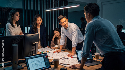 Photography Five dedicated Asian business professionals reviewing blueprints and discussing work late at night in a dimly lit