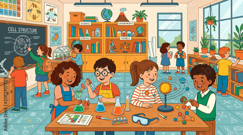 Fotografi Diverse group of elementary students conducting science experiments in a colorful classroom setting