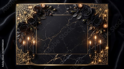 Elegant black marble luxury Halloween invitation card with golden rose frame, glowing candles, and dark floral decorations on velvet background