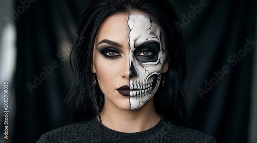 Young woman with intricate half skull face paint makeup, dark smoky eyes, and serious expression, perfect for Halloween or gothic themes